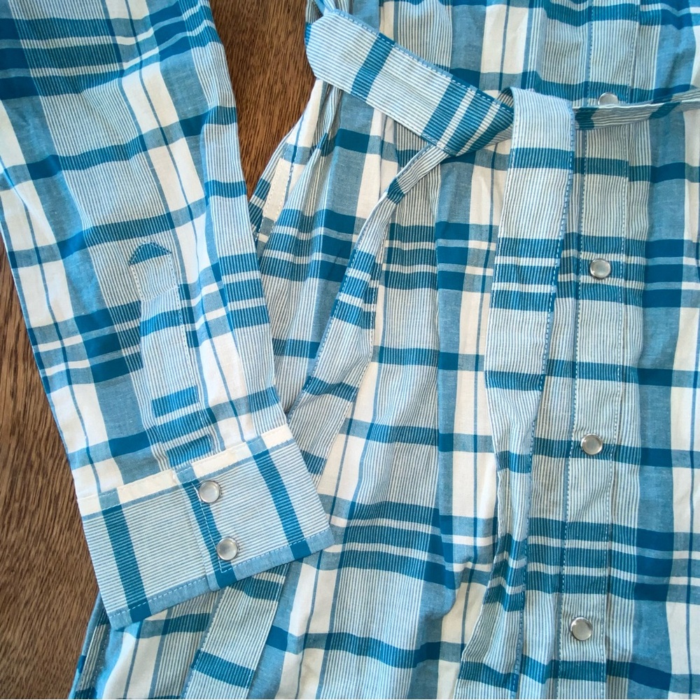 New Wrangler Teal and White Plaid Long Sleeve Dress Snap Buttons - Picture 4 of 12
